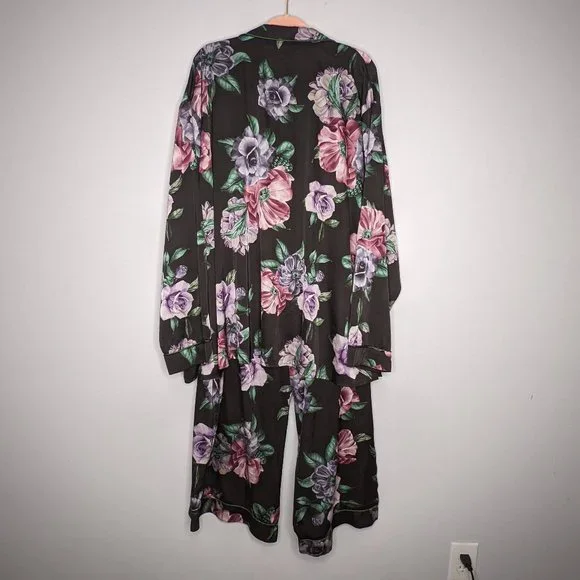 City Chic Black Satin Matching Pajama Set Floral Long Sleeve Pockets Size 24 - Picture 3 of 9